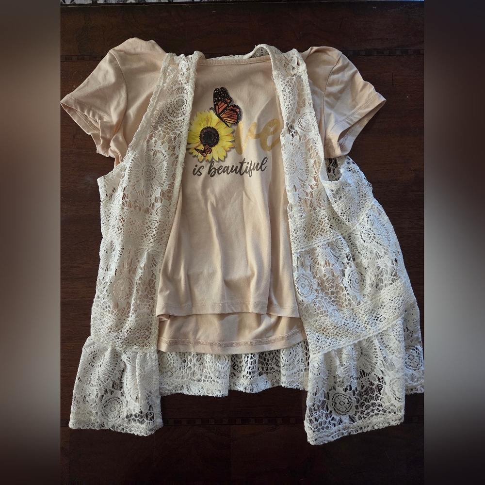 girl large short sleeve tan top with ivory crochet overlay, 2pc